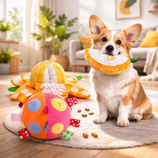 Dog Snuffle Treats Feeding Ball Toy for Slow Eating and Keep Busy, Interactive Puppy Cotton Fillings Ball Food Hidden Relieve Boredom Exercise Game IQ Training with Bell