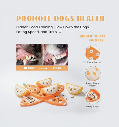 Nocciola 5-In-1 Orange Dog Enrichment Toys, 4 Orange Slices with a Peel Snuffle Mat for Treats Hunting Fun, Squeaky Hide and Seek Puzzle Dog Toy for Medium Dogs
